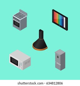 Isometric Appliance Set Of Air Extractor, Television, Kitchen Fridge And Other Vector Objects. Also Includes Cooker, Device, Extractor Elements.