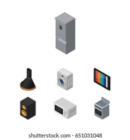 Isometric Appliance Set Of Air Extractor, Kitchen Fridge, Music Box And Other Vector Objects. Also Includes Tv, Loudspeaker, Box Elements.