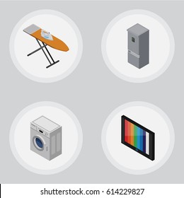 Isometric Appliance Set Of Kitchen Fridge, Laundry, Television And Other Vector Objects. Also Includes Refrigerator, Television, Cloth Elements.