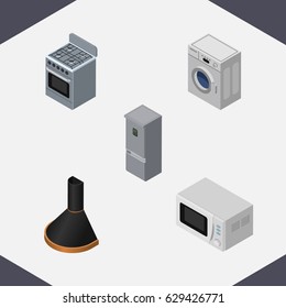Isometric Appliance Set Of Laundry, Air Extractor, Microwave And Other Vector Objects. Also Includes Hood, Microwave, Refrigerator Elements.