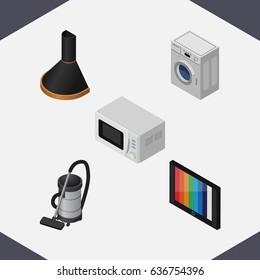 Isometric Appliance Set Of Laundry, Air Extractor, Microwave And Other Vector Objects. Also Includes Stove, Cleaner, Washing Elements.