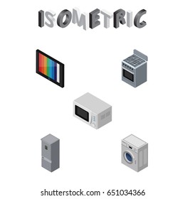 Isometric Appliance Set Of Laundry, Microwave, Television And Other Vector Objects. Also Includes Washing, Stove, Cooker Elements.