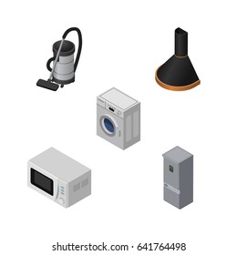 Isometric Appliance Set Of Laundry, Vac, Microwave And Other Vector Objects. Also Includes Machine, Cleaner, Laundry Elements.