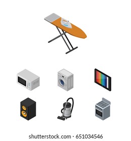Isometric Appliance Set Of Laundry, Vac, Music Box And Other Vector Objects. Also Includes Cloth, Television, Music Elements.