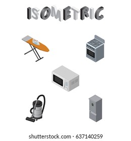 Isometric Appliance Set Of Microwave, Cloth Iron, Kitchen Fridge And Other Vector Objects. Also Includes Board, Ironing, Microwave Elements.