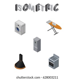 Isometric Appliance Set Of Stove, Cloth Iron, Kitchen Fridge And Other Vector Objects. Also Includes Cooker, Cloth, Machine Elements.