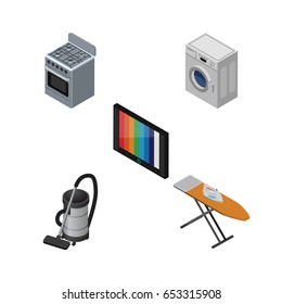 Isometric Appliance Set Of Stove, Television, Vac And Other Vector Objects. Also Includes Tv, Cleaner, Kitchen Elements.