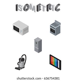 Isometric Appliance Set Of Stove, Vac, Microwave And Other Vector Objects. Also Includes Tv, Refrigerator, Device Elements.