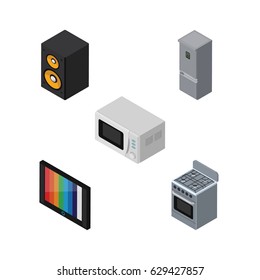 Isometric Appliance Set Of Television, Stove, Microwave And Other Vector Objects. Also Includes Fridge, Stove, Loudspeaker Elements.
