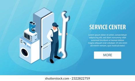 Isometric appliances horizontal banner with faceless character of technician holding wrench consumer electronics text and button vector illustration