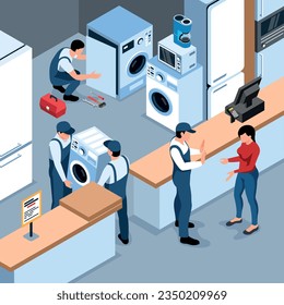 Isometric appliances service repair composition with view of warranty workshop with washing machines fridges and people vector illustration