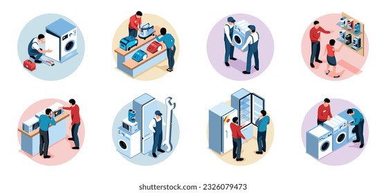 Isometric appliances set of isolated round compositions with consumer electronics service workers shop assistants and clients vector illustration