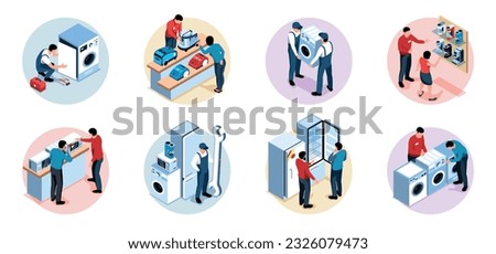 Isometric appliances set of isolated round compositions with consumer electronics service workers shop assistants and clients vector illustration