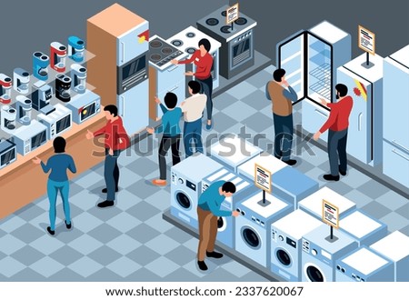 Isometric appliances store composition with indoor view of consumer electronics supermarket with buyers and shop assistants vector illustration