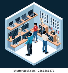 Isometric appliances store composition with isolated view of supermarket with multimedia electronics loudspeakers laptops and people vector illustration