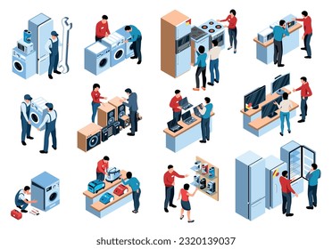 Isometric appliances store with service and repair set of isolated compositions with shop assistants and clients vector illustration