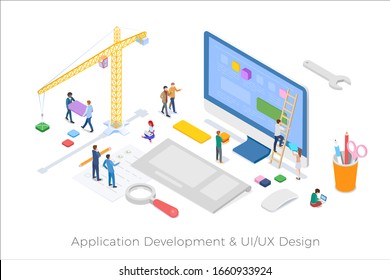 Isometric Application Development UI UX design flat design vector illustration.
People building app with computer as construction site.