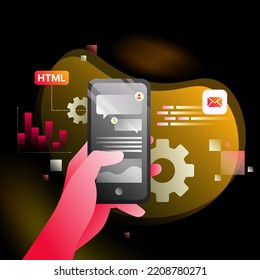 Isometric Application Illustration. Hand holding Smartphone, graphs and gears on white background. Vector illustration