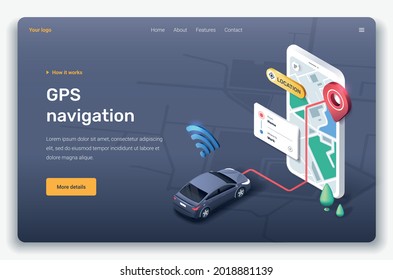 Isometric Application With Map, Car, Location Pin And Gps. Landing Page Template. 