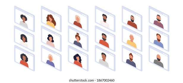 Isometric application window with chat. People at an online conference. Application window with conference. Isolated over white background. Vector illustration.