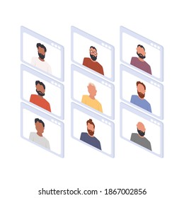 Isometric application window with chat. People at an online conference. Application window with conference. Isolated over white background. Vector illustration.