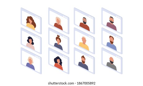 Isometric application window with chat. People at an online conference. Application window with conference. Isolated over white background. Vector illustration.