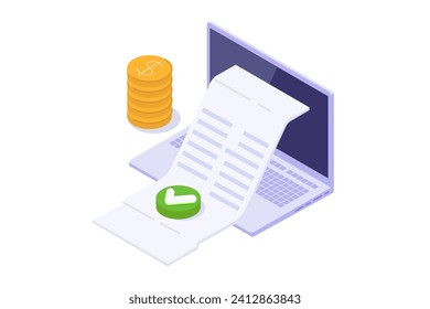 Isometric Approved credit bill, Payment approved concept. Vector illustration.