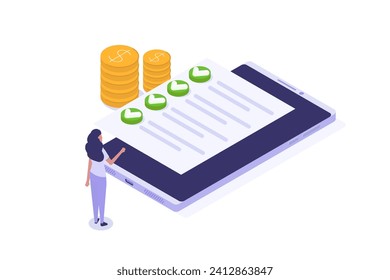 Isometric Approved credit bill, Payment approved concept. Vector illustration.
