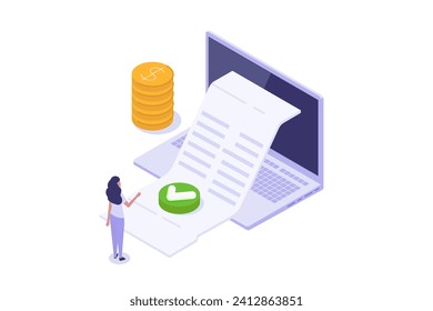 Isometric Approved credit bill, Payment approved concept. Vector illustration.