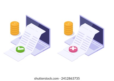 Factura de crédito aprobada y rechazada isométrica, concepto aprobado de pago. Ilustración vectorial.