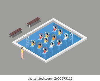 Isometric Aqua Aerobics Class in Swimming Pool 3d flat vector illustrations