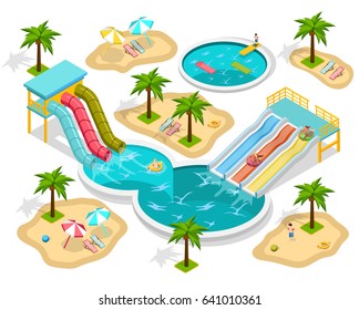 Isometric Aqua Park Composition At The Beach With Entertainments And Three Pools Vector Illustration