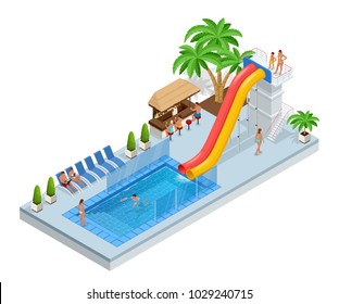 Isometric Aqua Park with water slides, water pool, people or visitors and palms. Vector illustration isolated on white background