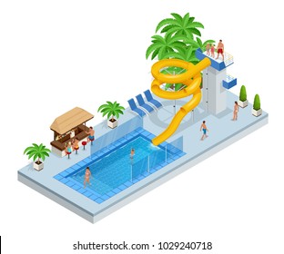 Isometric Aqua Park with water slides, water pool, people or visitors and palms. Vector illustration isolated on white background