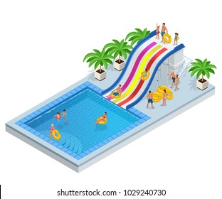 Isometric Aqua Park with water slides, water pool, people or visitors and palms. Vector illustration isolated on white background