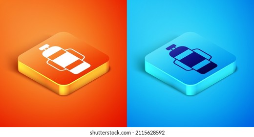 Isometric Aqualung icon isolated on orange and blue background. Oxygen tank for diver. Diving equipment. Extreme sport. Diving underwater equipment.  Vector