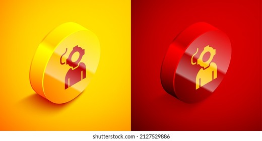 Isometric Aqualung icon isolated on orange and red background. Diving helmet. Diving underwater equipment. Circle button. Vector