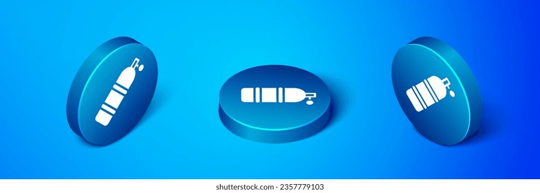 Isometric Aqualung icon isolated on blue background. Oxygen tank for diver. Diving equipment. Extreme sport. Diving underwater equipment. Blue circle button. Vector