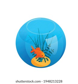Isometric aquarium composition with isolated image of ball shaped aquarium with sea weed and orange fish vector illustration