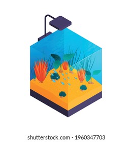 Isometric aquarium composition with isolated image of modern aquarium with lamp on blank background vector illustration