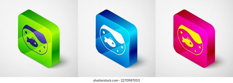 Isometric Aquarium with fish icon isolated on grey background. Round glass aquarium. Aquarium for home and pets. Square button. Vector