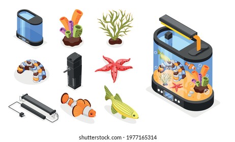 Isometric aquarium fish starfish coral plant and devices for keeping them at home isolated on white background vector illustration