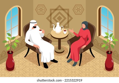 Isometric arab composition with indoor scenery ornamental interior and man sitting with woman with tea set vector illustration