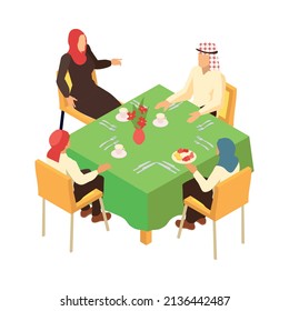 Isometric arab family composition with view of family members sitting at table with cups and dish vector illustration