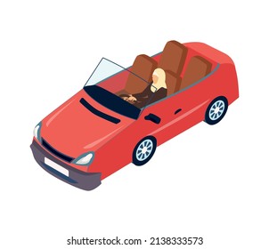 Isometric Arab Family Composition With View Of Muslim Woman Driving Cabrio Car On Blank Background Vector Illustration