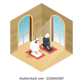 Isometric arab isolated composition with mosque windows and muslim couple praying sitting on knees on carpets vector illustration