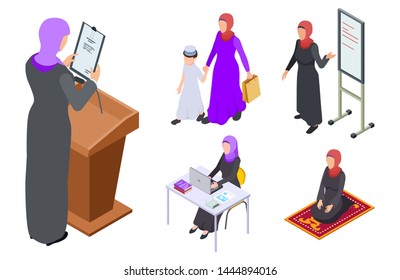 Isometric arab woman vector design. Muslim businesswoman, teacher, mother, student. Arabian teacher and islam lady pray illustration