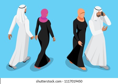 Isometric arabic couple front and back view vector illustration