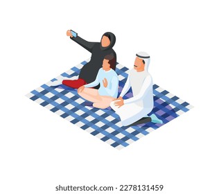 Isometric arabic family having picnic and taking selfie 3d vector illustration