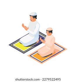 Isometric arabic family with man and his son praying on mats 3d vector illustration